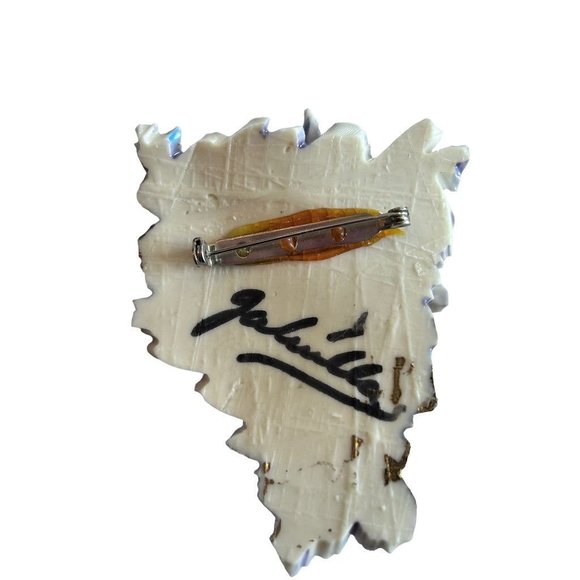 Vintage 80s Handpainted Signed Porcelain Brooch Pin 20s Flapper Inspired 3 1/4" - Picture 6 of 6